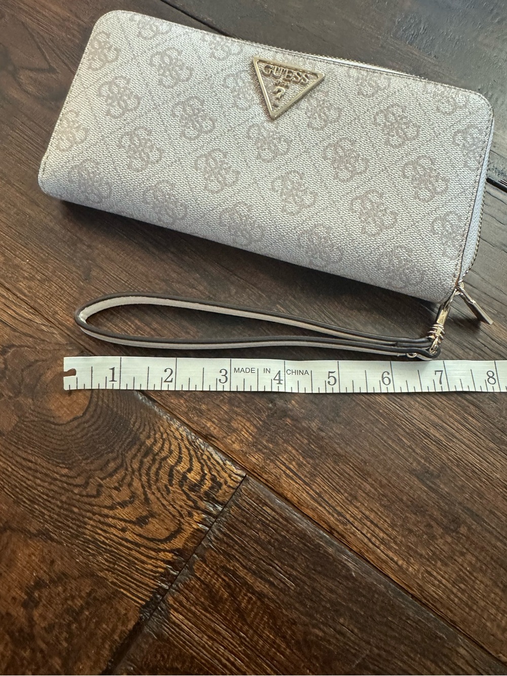 Guess Beige Monogram Zip-Around Wristlet Wallet with Gold Logo - Picture 3 of 16